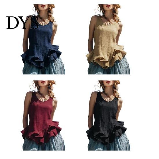 Relaxed Fit Women Blouse Tops Solid Color Loose Breathable Casual Soft Fabric Shirt O-Neck Sleeveless Ruffle Splicing Hem Summer Vest Daily