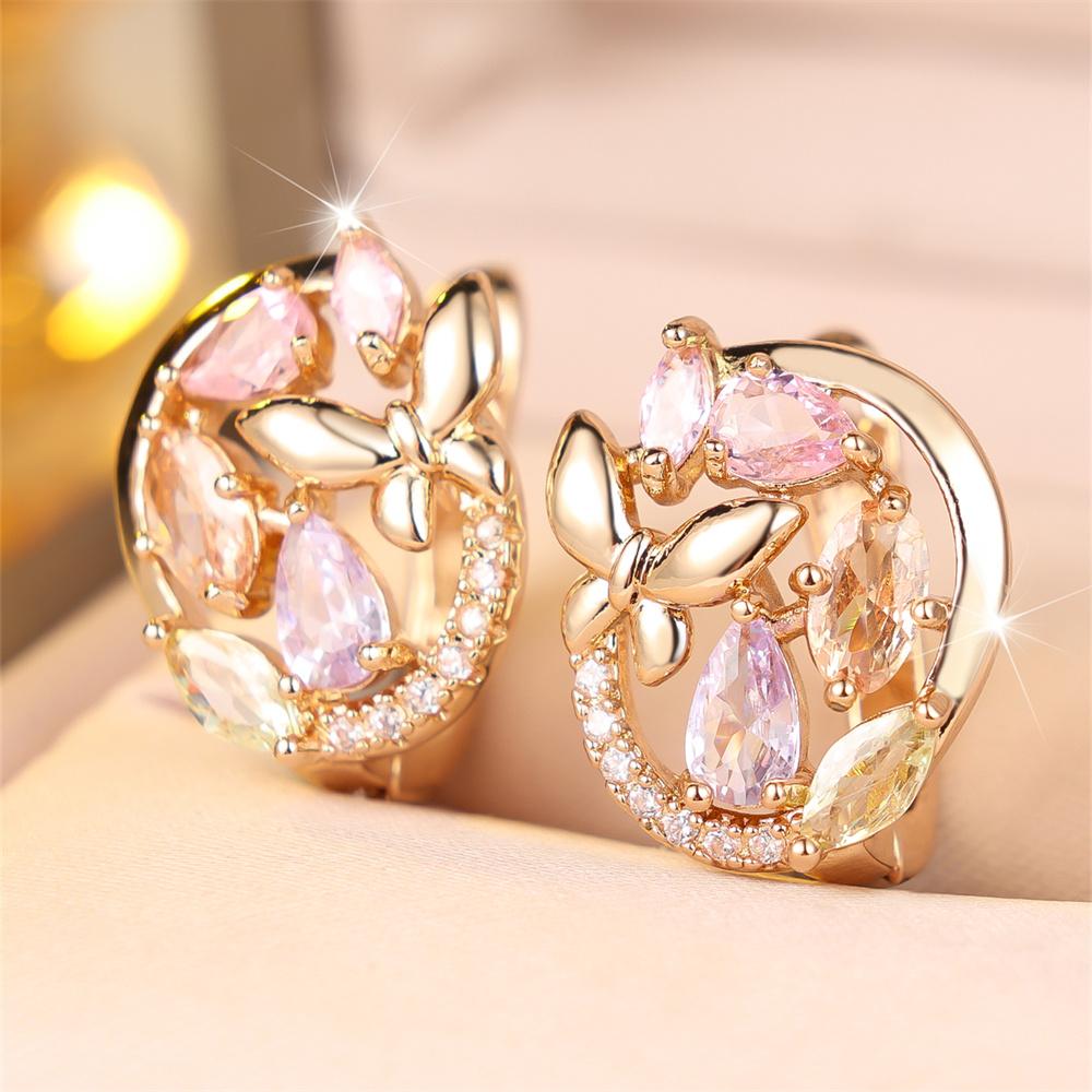 Multicolor Zircon Water Drop Stone Butterfly Hoop Earrings For Women Trendy Gold Color Ear Buckle Wedding Jewelry Versatile Gift
