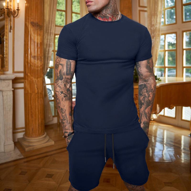 Men's Summer Sports Two-Piece: Solid Color Shorts & Short-Sleeve T-Shirt with Custom Logo Option