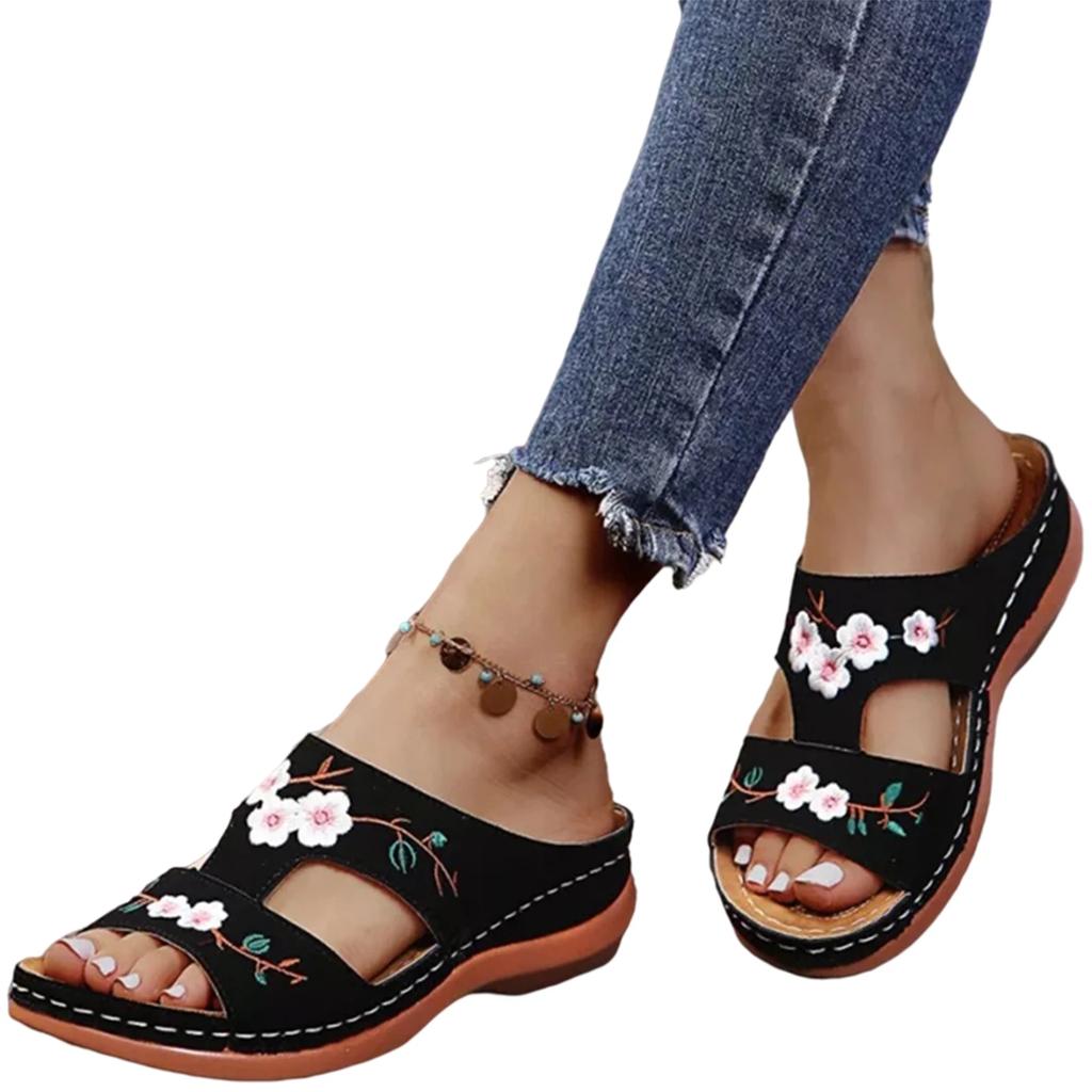Women Embroidery Slide Sandals Vintage Embroidery Design PU Leather Slipper Gift for Christmas Birthday New Year