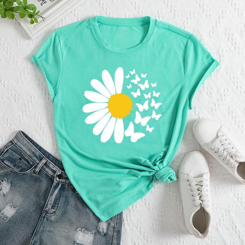 Summer Women's Daisy Butterfly Print Loose Round Neck Casual Pure Cotton Short Sleeved T-shirts Women's