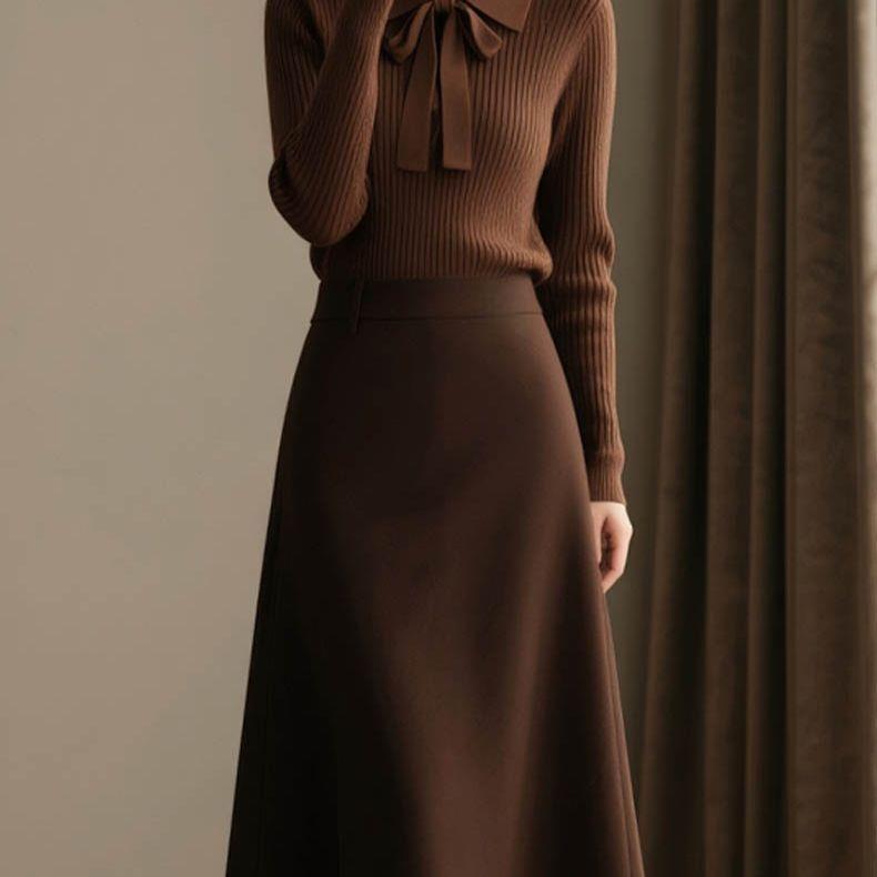 Women's French Style Bow Top and Skirt Two-Piece Winter Set