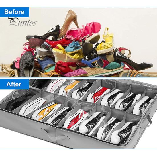 Under-Bed Shoes Storage Organizer Large Capacity Multiple Compartments Foldable Design Shoes Container Storage Box with Handle