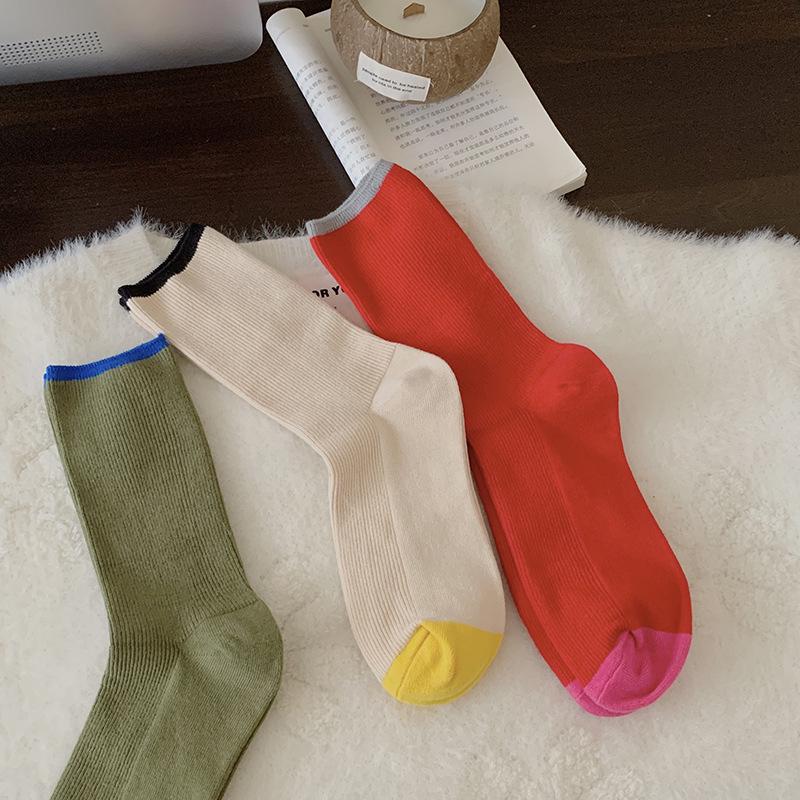 Retro Double Needle Contrast Color Mid-Tube Socks - Maillard Series