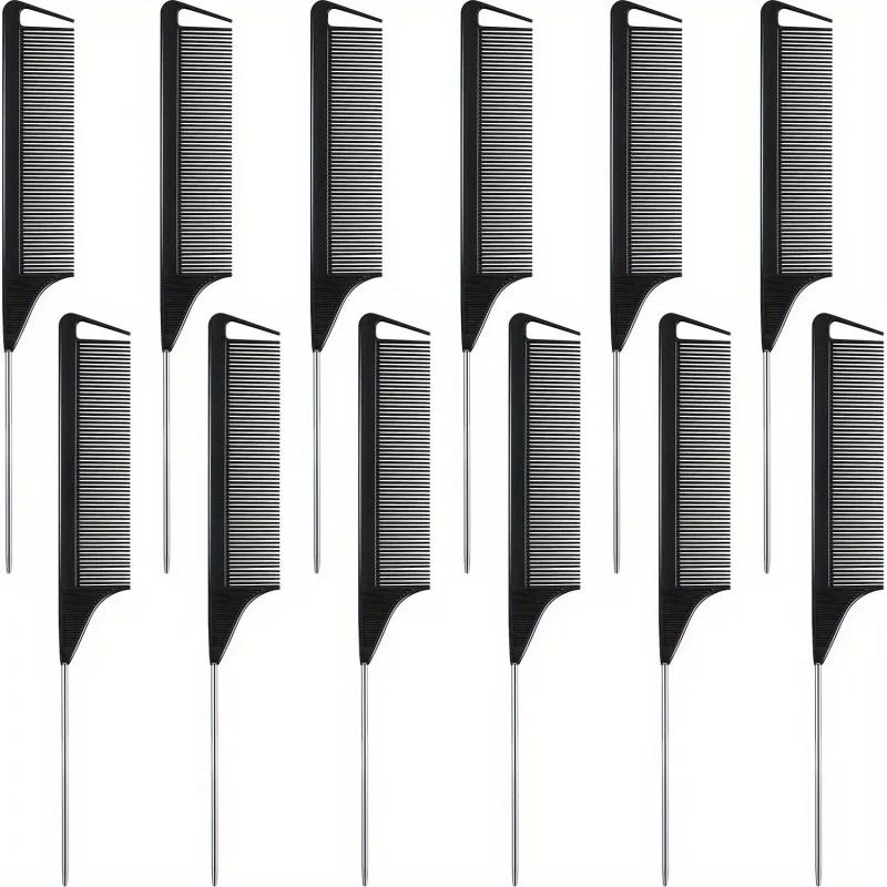 12pcs/24pcs Rat Tail Comb with Stainless Steel Pintail Heat Resistant Carbon Fiber Tooth Hair Styling Hairdressing Comb Tools
