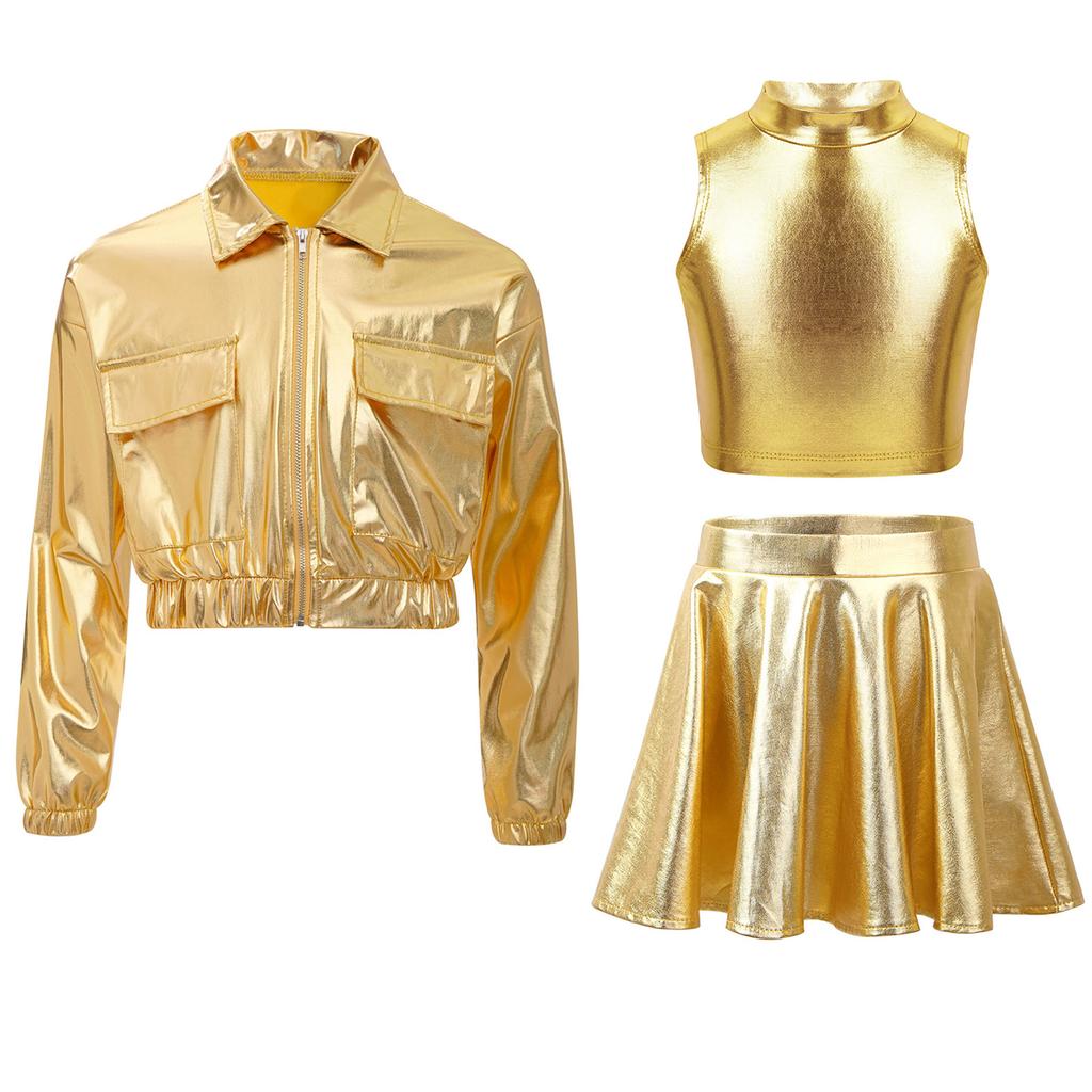 Metallic Shiny Jacket Set for Girls: Turn-Down Collar Long Sleeve Coat with Turtleneck Tank & High Waist A-Line Skirt