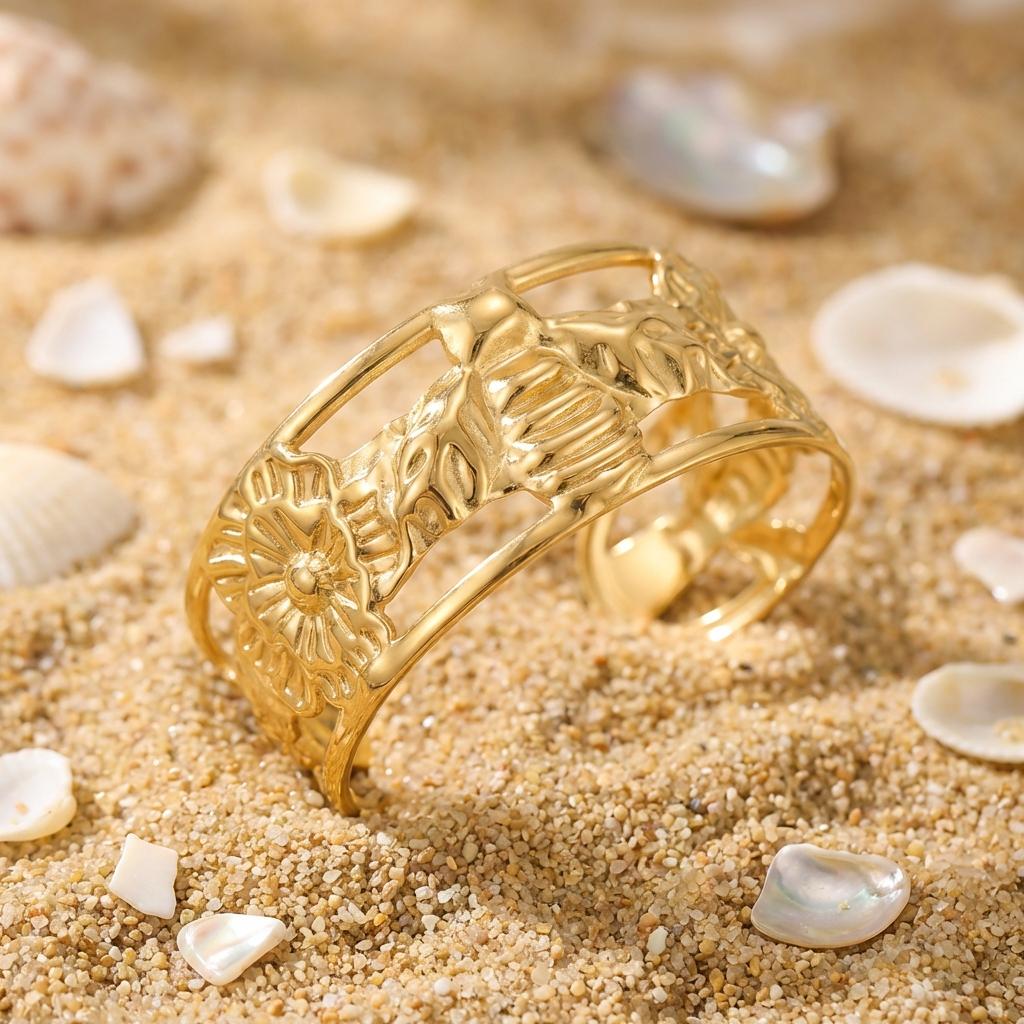 Stainless Steel Metal Shell Starfish Bracelet for Women Vintage Exaggerated Flower Wide Cuff Bangle Girls Beach Party Jewelry