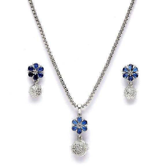 Rhodium-Plated Silver Toned Green Cubic Zirconia Studded Floral Shaped Cute Pendant with Earrings Jewellery Set for Girls and Women (Green)
