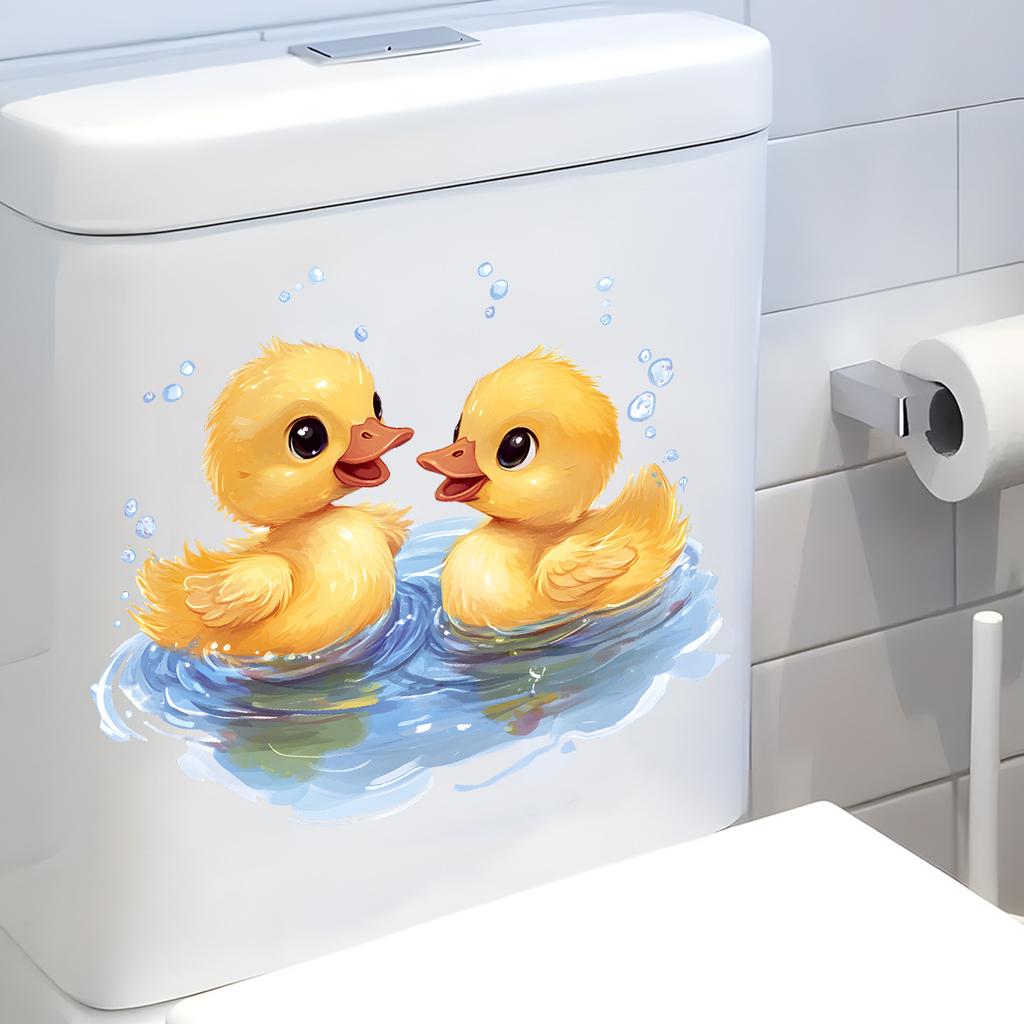 Cartoon Duckling Splashing Water Toilet Stickers, Waterproof Self-Adhesive for Bathroom Decor