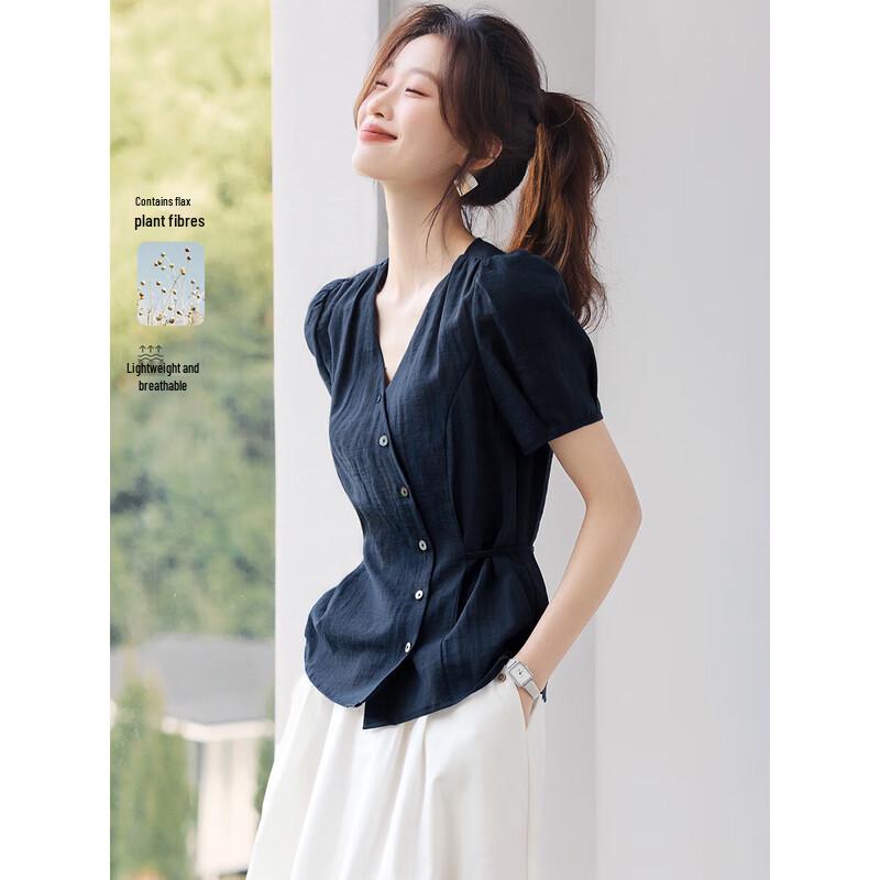 French Retro Puff Sleeve Tie-Waist Short Sleeve Shirt M