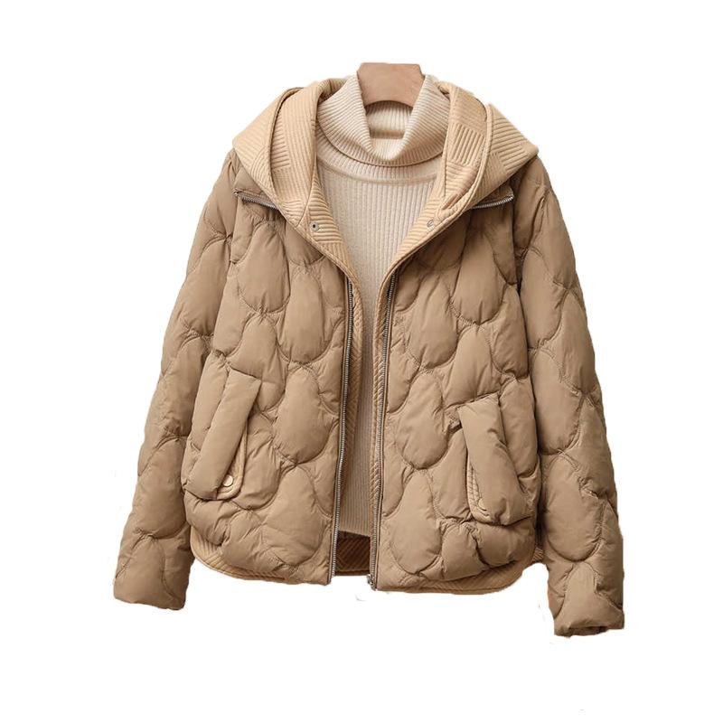 Fake two-piece knitted splicing down jacket women's 2024 winter new fashionable high-end hooded white duck down jacket
