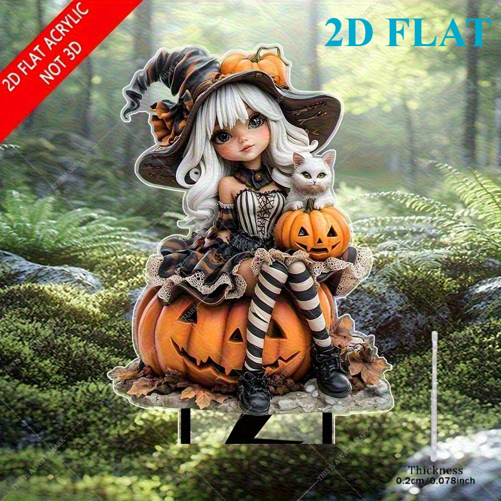 Płaska dekoracja akrylowa 2D czarownicy i kota na zewnątrz, do ogrodu, trawnika, roślin doniczkowych i sztuki krajobrazu, motyw Halloween, odpowiednia na 11 świąt