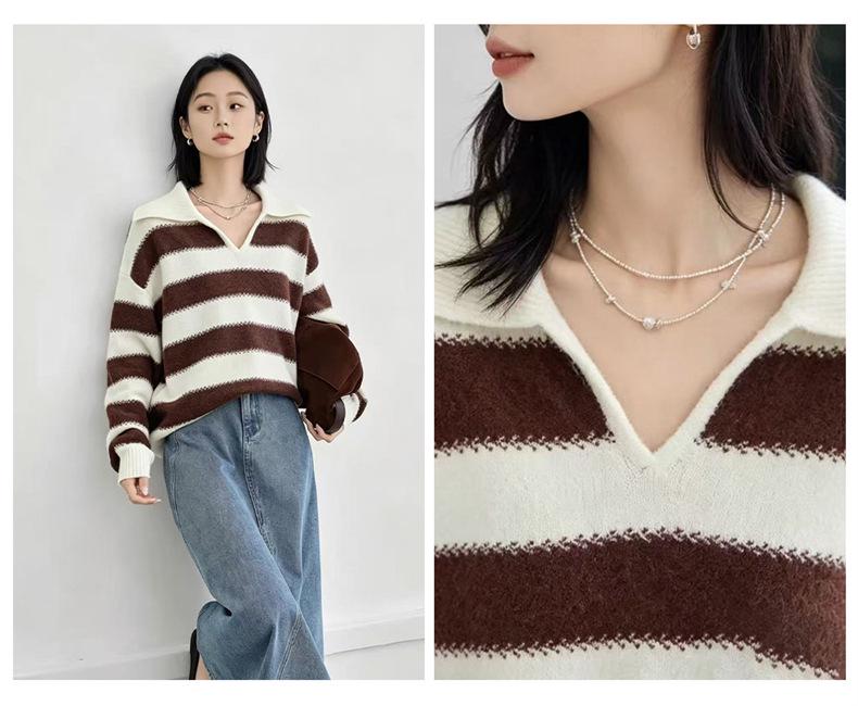 Korean Style Color Block Striped Wool Knit Pullover - Women's Loose Long Sleeve Sweater for Autumn/Winter
