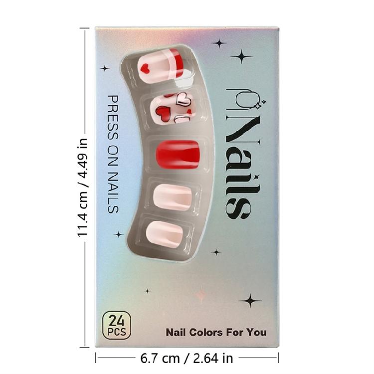 24pcs Valentines Nail Press On Nail French Tip Short Square Elegant Heart Designs Stick on Nail Manicure Nail Accesories