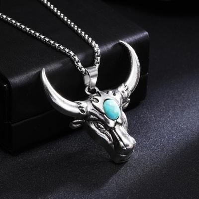 Collana Ciondolo Testa di Toro Hip Hop Europea & Americana con Intarsi in Turchese - Gioiello con Catena Forte in Acciaio Inossidabile Retrò per Uomo
