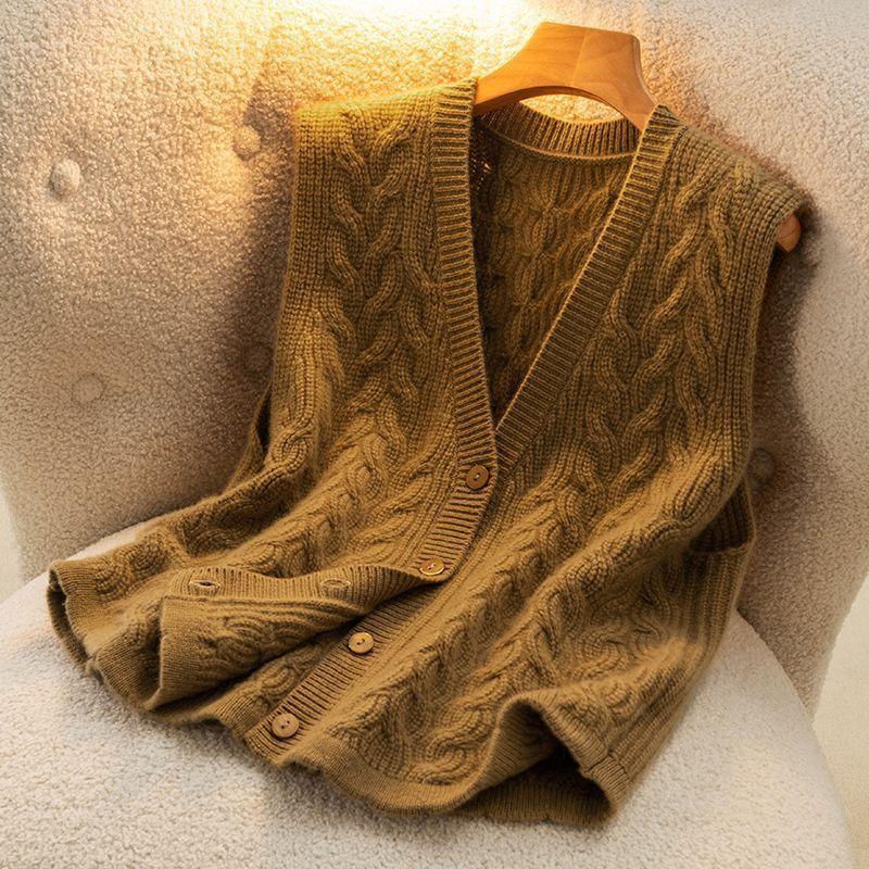 Women Sweater Vest Jumper Knitted Cable Knit Sweaters Button Sleeveless Solid V Neck Single Breasted Thick Loose Fit Autumn