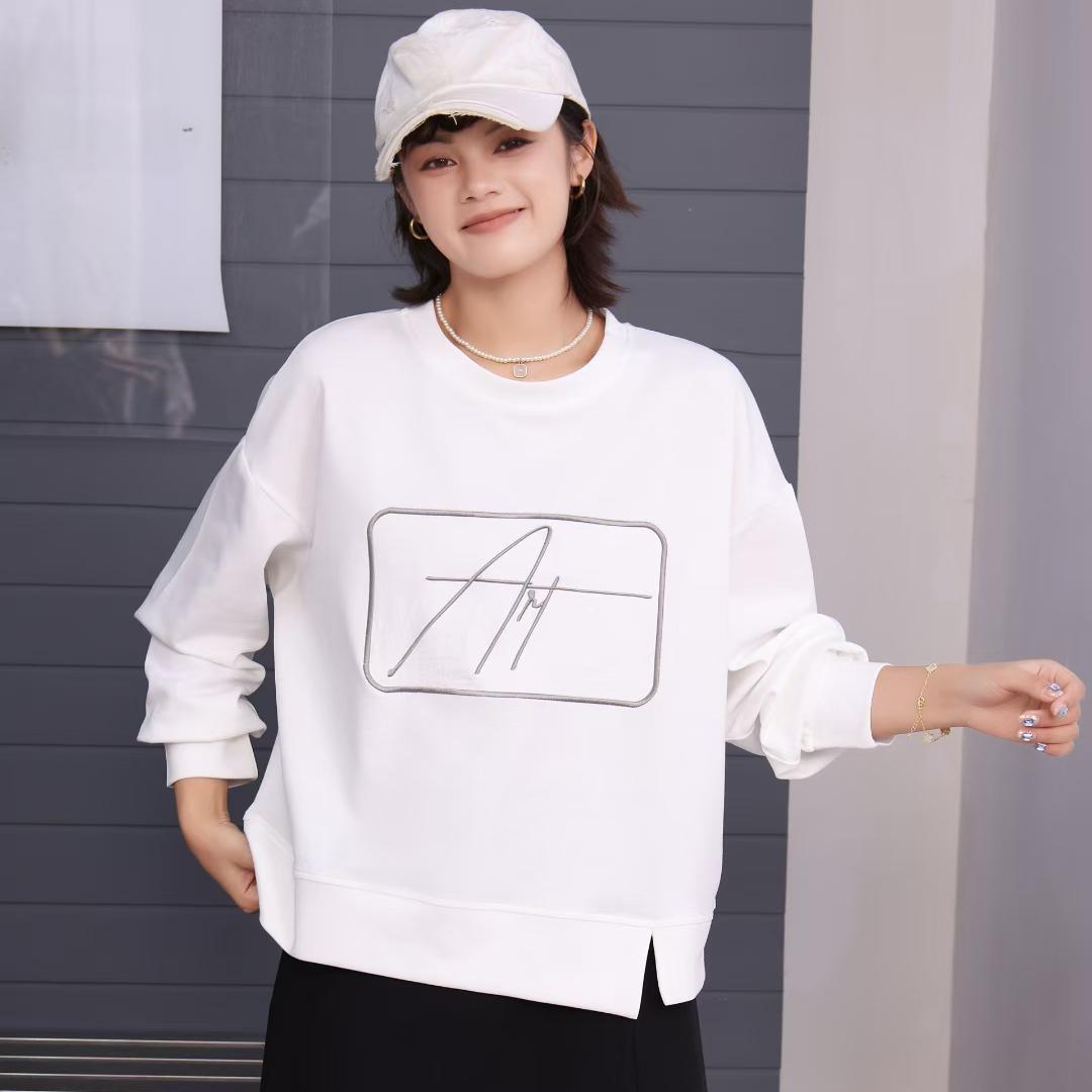 

DIMANAF 2025 Autumn T-shirt Women Asymmetrical Printing Full Sleeve Loose White Pullover