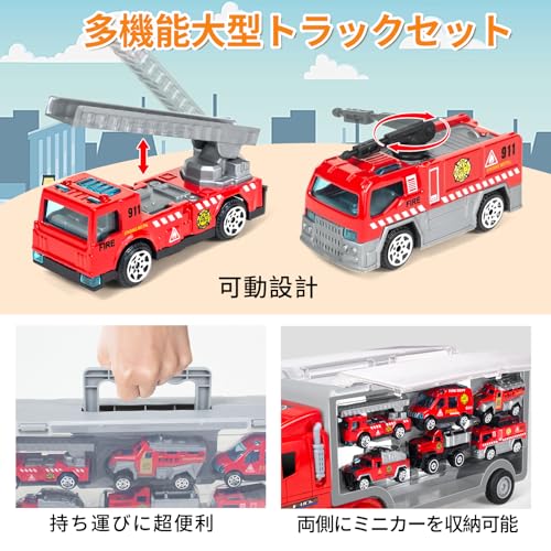 7-Piece Toy Truck Set with Large Storage, Alloy Diecast Cars, Fire Engine, and Work Vehicles, Construction Vehicles, and Transportable Toys. Large Siz