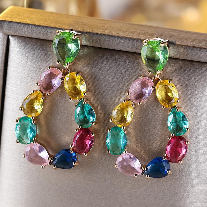 Colorful Crystal Zircon Water Drop Dangle Earrings for Women Luxury Gold Color Wedding Party Earrings Fine Jewelry