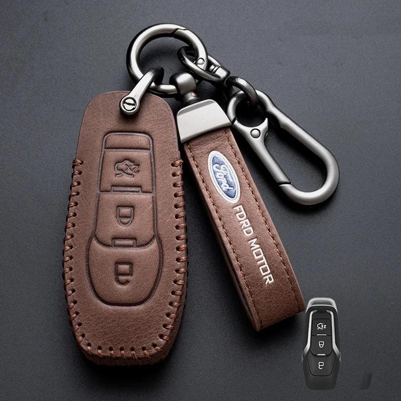 Car Sticker Ford New Leather Car Smart Key Case For Ford Fusion Explorer Edge Mustang Mondeo Kuka Personalized Unisex KeyRing Gi