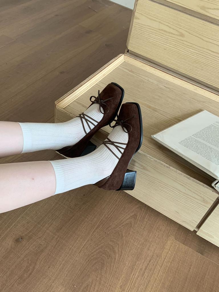 Brown French Square Head Bow Mary Jane High Heels 2025 Autumn New Retro Thick Heel Light Mouth Single Shoes