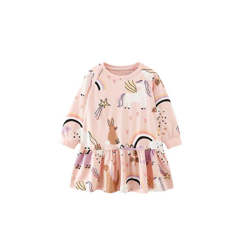Girls' Pink Long-Sleeved Dress Baby Unicorn Cartoon Pure Cotton Dress Autumn Kidsren's T-Shirt Dress 6