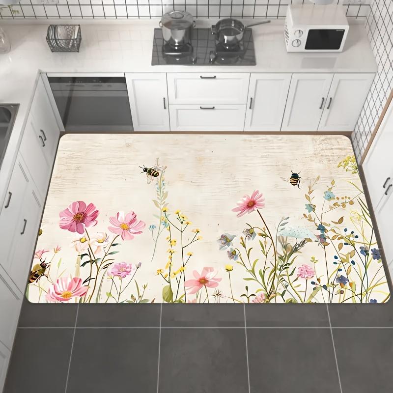 1Pcs Anti Fatigue Kitchen Rugs,Floral and Bee Print Waterproof Non-Slip Thick Cushioned Kitchen Mat Heavy Duty Comfort Standing Mat for Kitchen