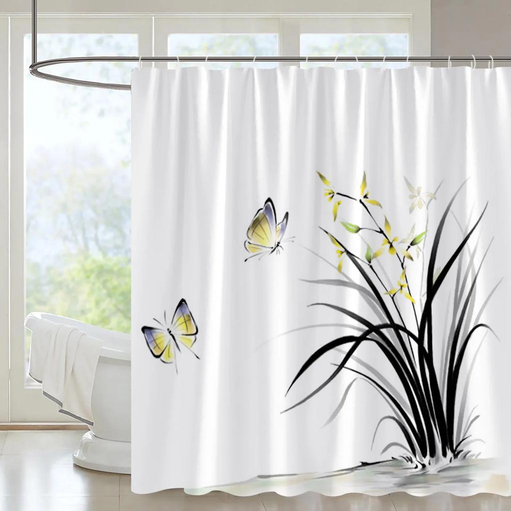 Mountain Forest Streams Natural Landscape Shower Curtain Set Waterfall Scenery View Plant Orchid Printing Bathroom Decor Curtain