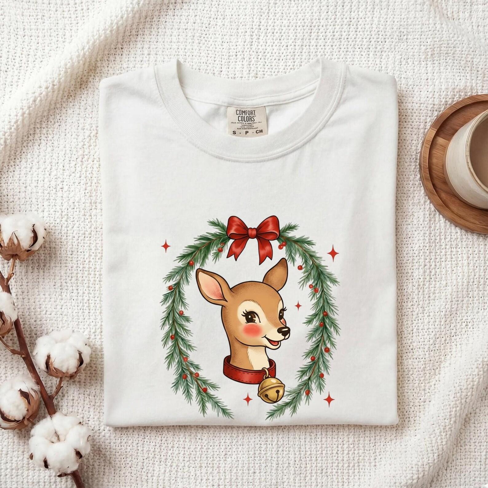 Stag Design Shirt Christmas Fauna Gift Women Classic Tee Deer T-Shirt Xmas Fan Antler Tshirt Wildlife Graphic Doodle Circle Greenery Tshirt 3XL
