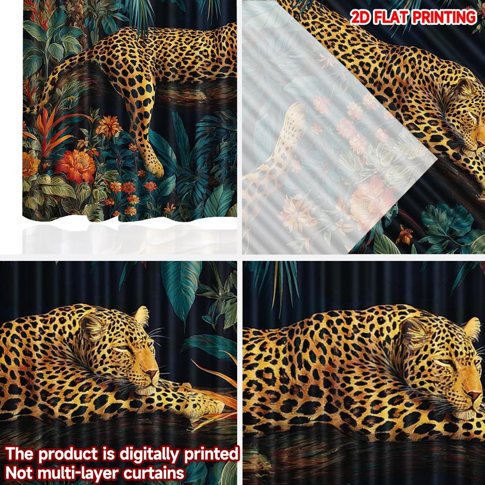 Set Of 2 Leopard Tree Curtains Digital Printing Realistic Animal Lush Green Jungle Flowers Single Layer Decor Modern Made Polyester