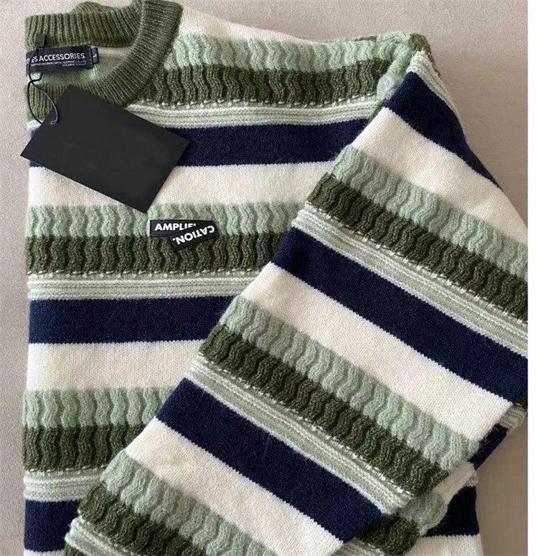 Unisex Striped Crew Neck Knitted Sweater - Autumn/Winter Trend, Hong Kong Style, Loose Fit, Versatile and Cozy.