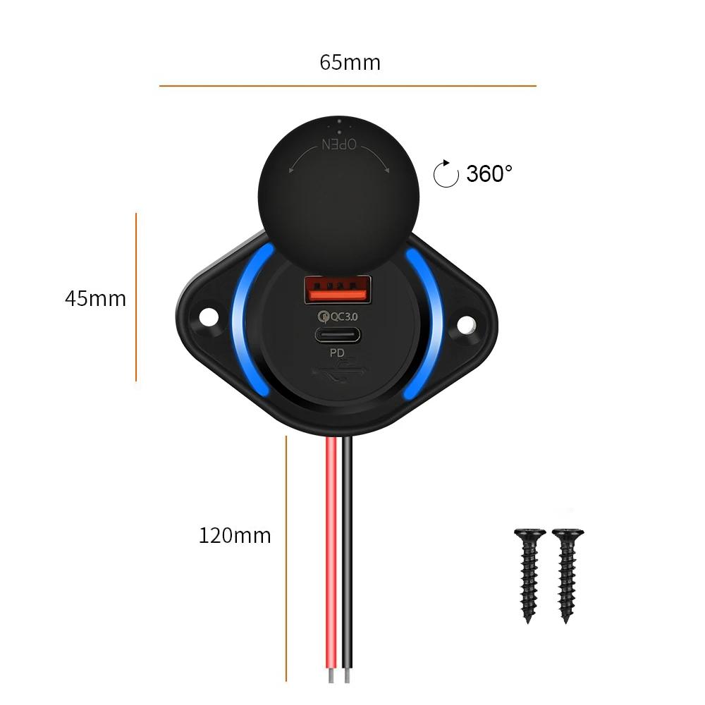 3.1A PD QC3.0 Dual Ports Phone Charger Panel Type C USB Power Socket with LED Light For 12V-24V Car Boat Bus Chair Waterproof