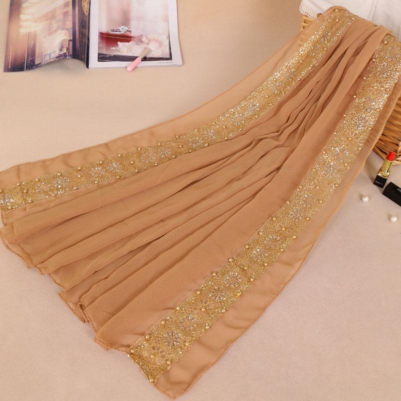 Malay new women's pearl chiffon splicing lace scarf, colored pearl-studded monochrome long scarf YW