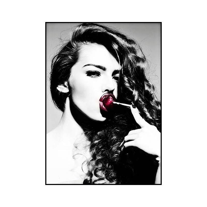 Modern Black and White Sexy Smoking Women with Red Lip Hat Canvas Painting Wall Art Pictures for Living Room Cuadros Home Decor