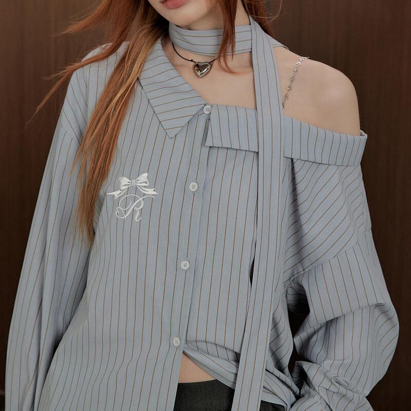 UNIFREE Striped Asymmetrical Shoulder Long Sleeve Shirt XL