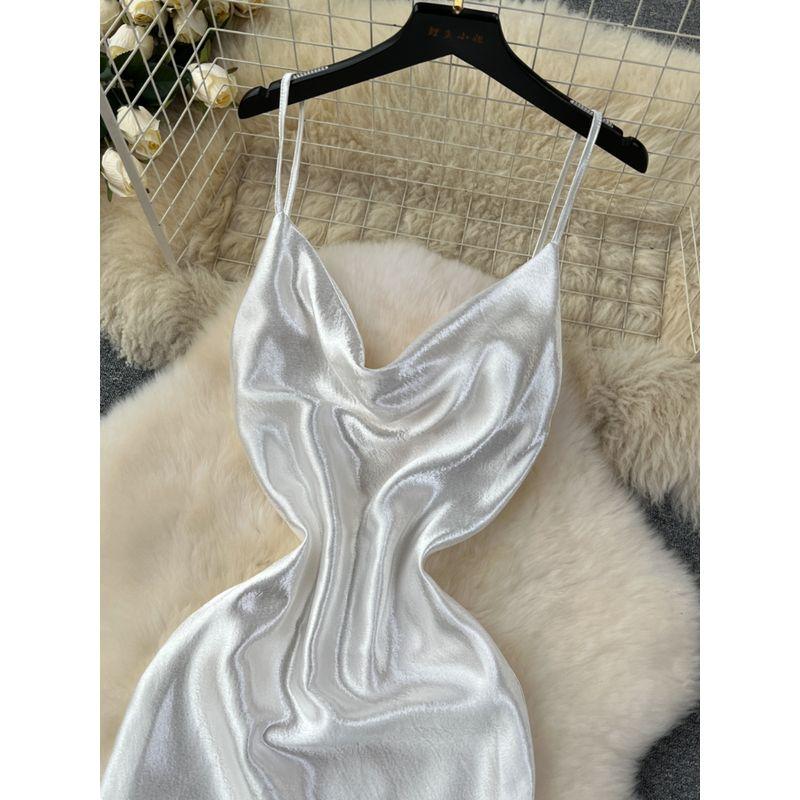 White Dress Women's Summer Dress New Arrival French Gold Style Socialite Elegant Swing Collar Sling Streamer Satin Dress