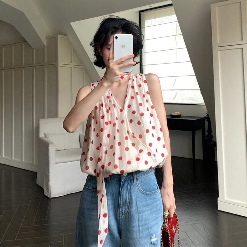 Korean V-Neck Polka Dot Sleeveless Vest for Petite Women - Retro Loose Slimming Summer Top Extra Large