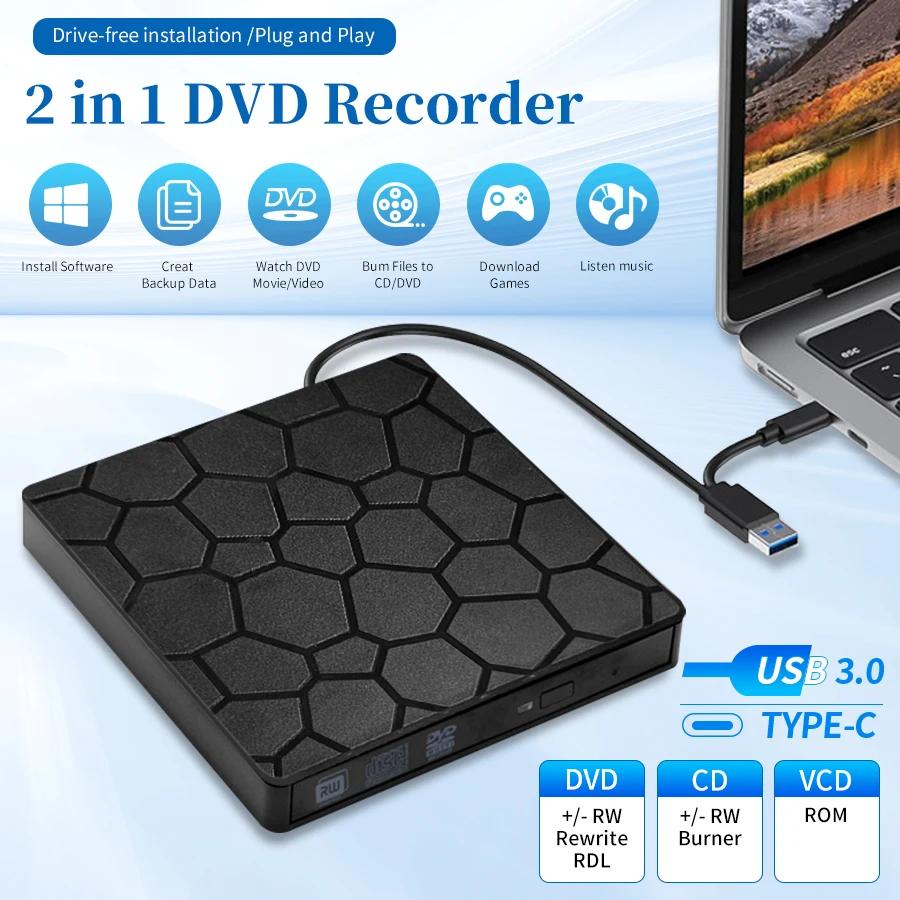 USB3.0 Type C External Optical Drive DVD RW CD Reader Burner Portable DVD Writer Player For Laptop PC Windows 11 10 Linux OS Mac