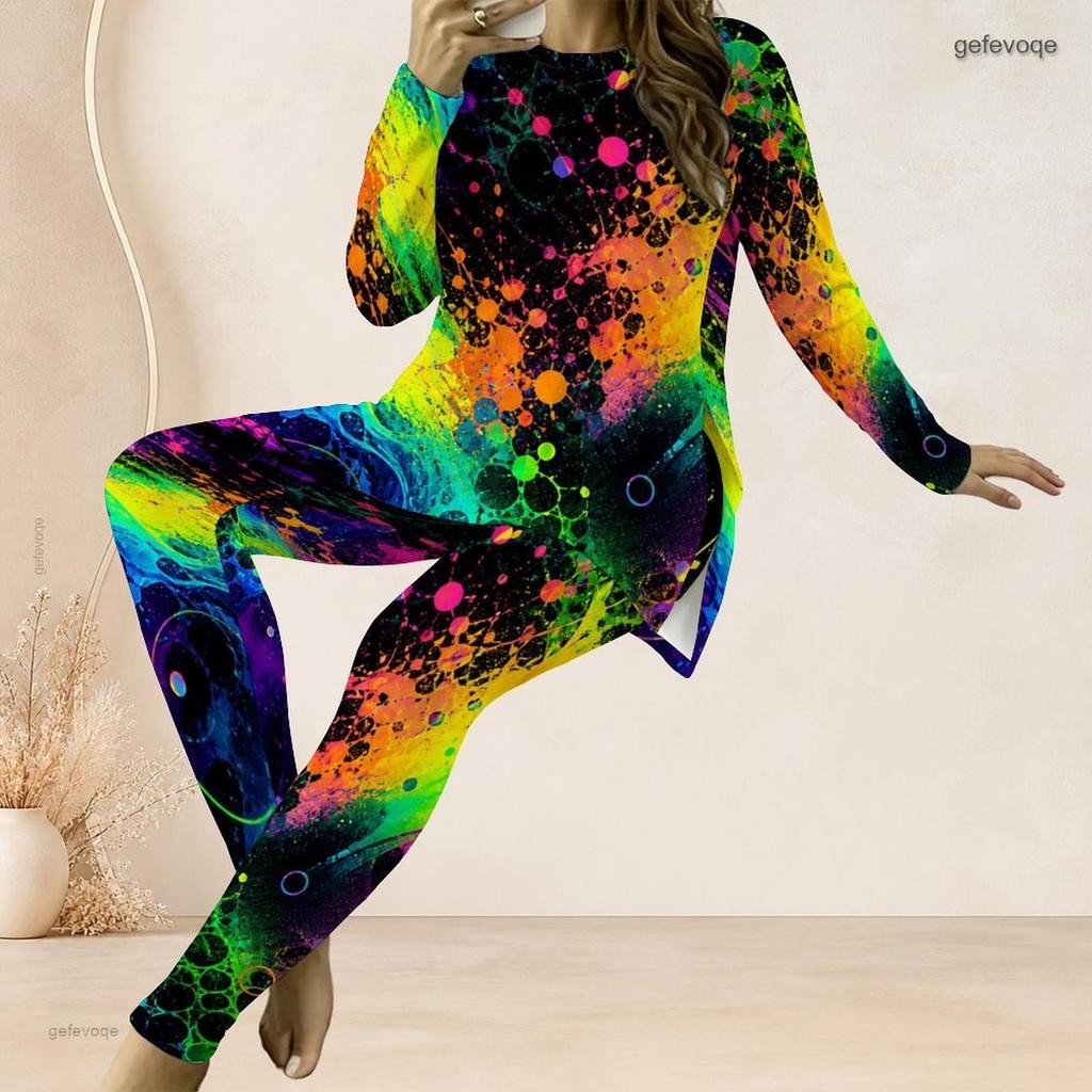 Women Plus Size Two Piece Set Round Neck Long Sleeve Colorful Splash Print Top And Long Pants