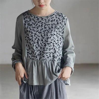 Women Vintage Patchwork Flocking T-Shirts O-Neck Long Sleeve Cotton Blend Spring Irregular Loose T-Shirts