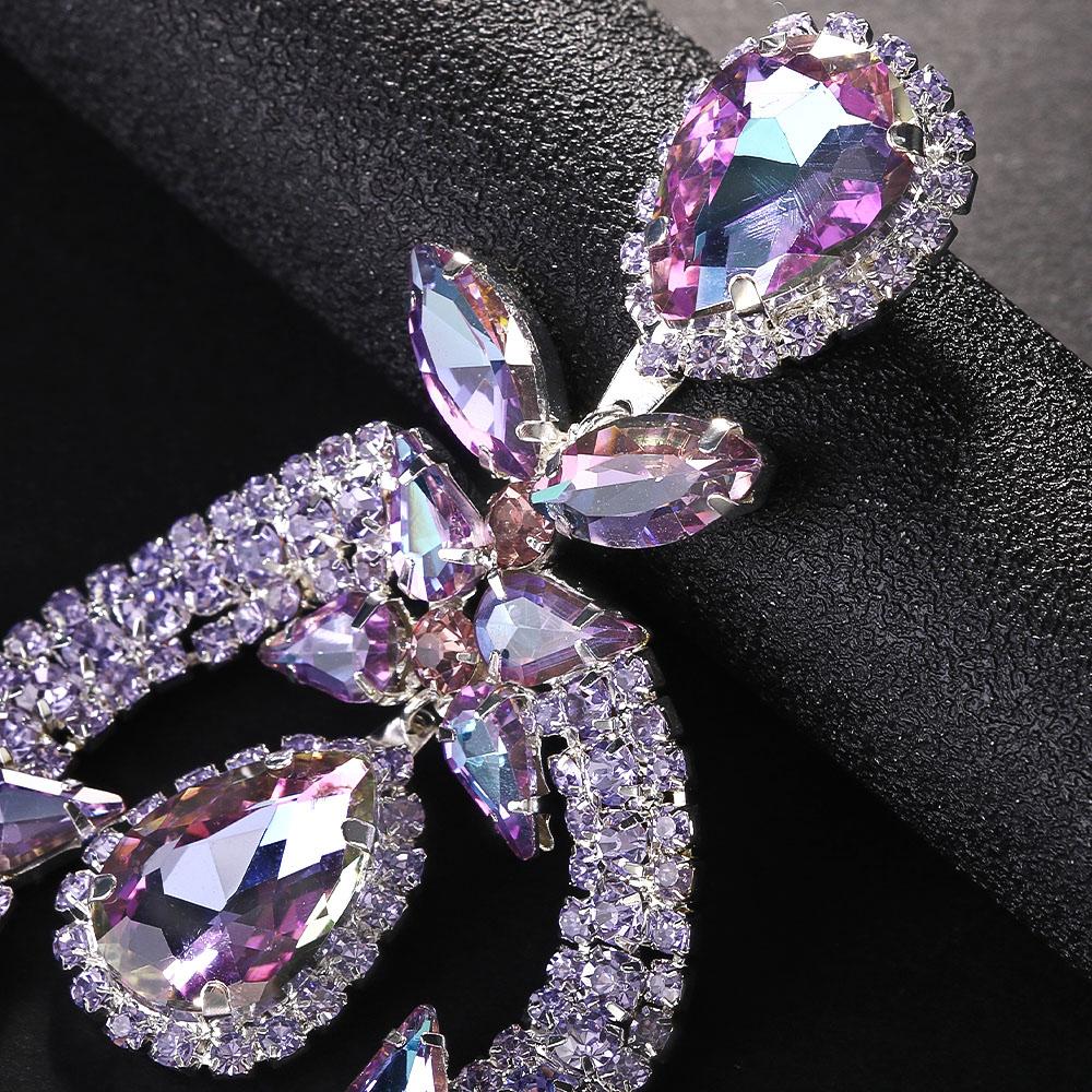 Luxus Violett Übertrieben Hängende Ohrringe Überdimensionale Accessoires Elegante Dame Wassertropfen Große Strass-Ohrringe Party-Schmuck