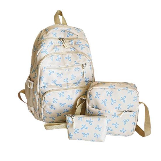 3 Pcs/Set Women Bow Bag Backpack Clutch Shoulder Bag Set Travel Rucksack with Bow Pattern for School Camping Travel