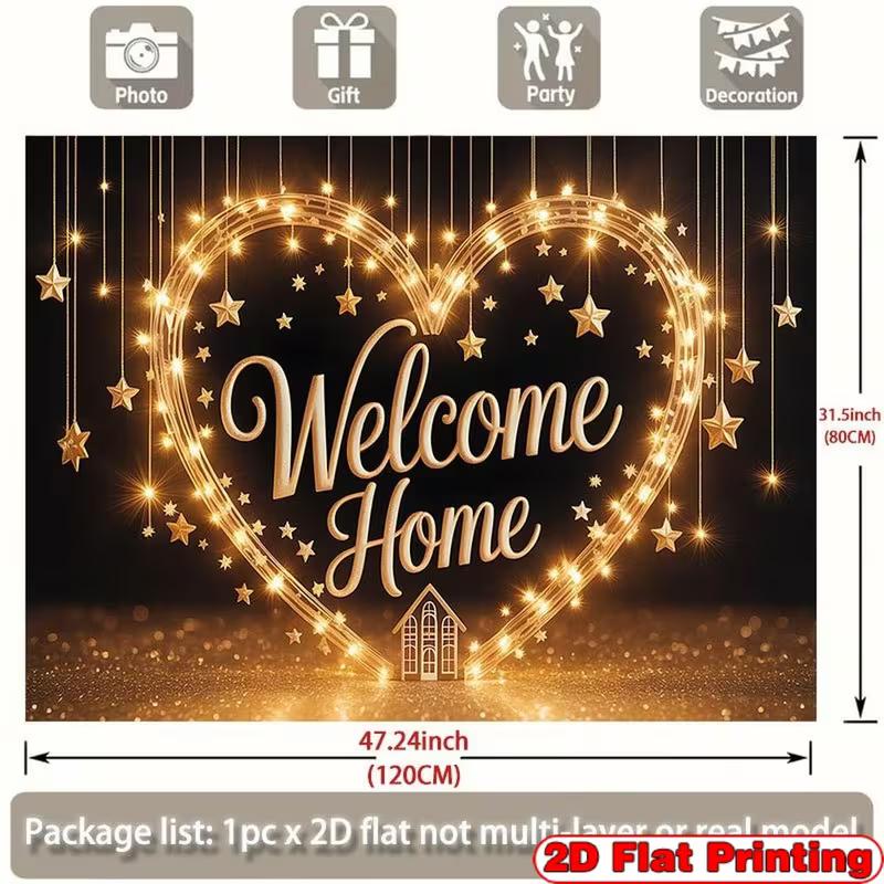 2D Gold Sparkle Welcome Home Background, Heart Light Star Themed Housewarming Party Decor Banner