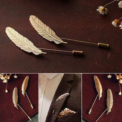 Men Retro Leaf Feather Brooch Pins Collar Suit Stick Breastpin Lapel