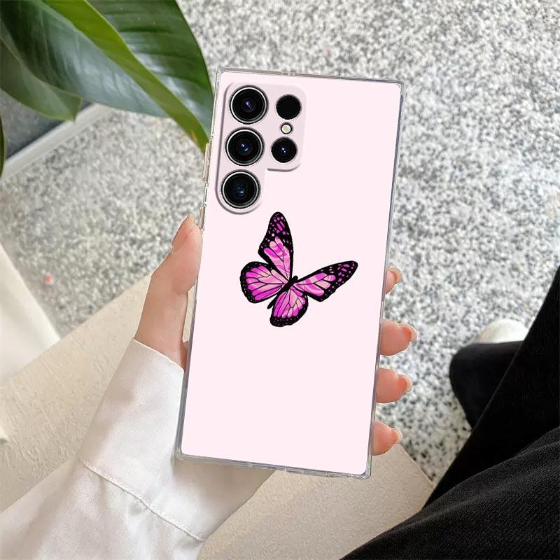 Beauty Pink Butterfly Phone Case S25Ultra For Samsung Galaxy S25 S24 S23 S21 Ultra S20 FE S22 Plus A35 A55 5G Case Clear Cover