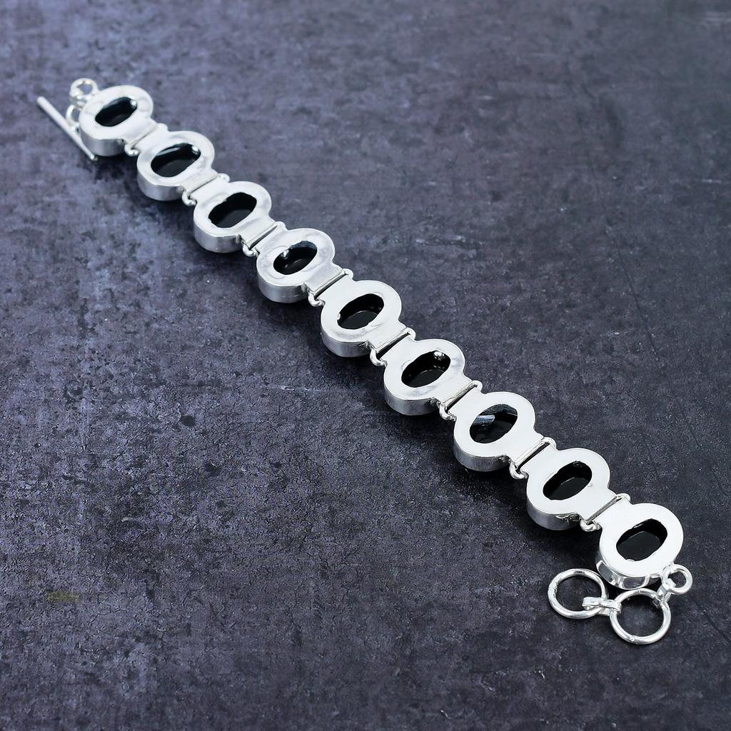Natural Black Onyx Gemstone Handmade 925 Sterling Silver Bracelet 7-8" G1i10