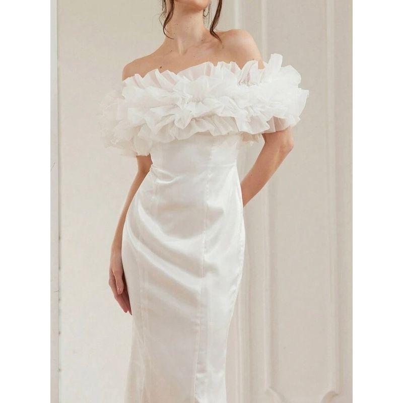Foreign Trade Order Personality Fashion Banquet Party Light Wedding Dress Dating Dress for Toast Simple White off-Neck Dress Women
