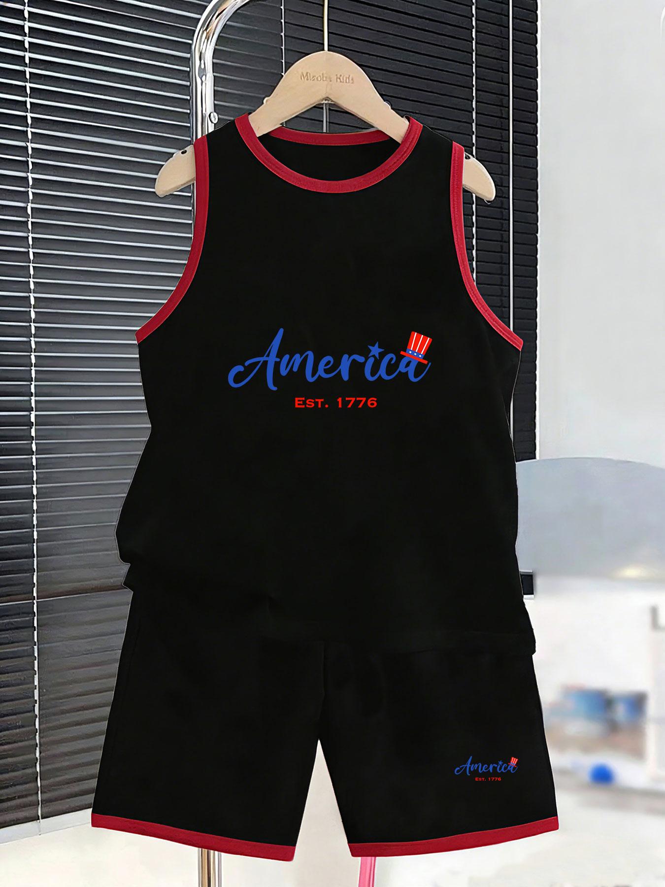 

Boys’ USA founding theme set. Retro American prints, breathable fabric, loose fit for daily wear. 7Y чорний