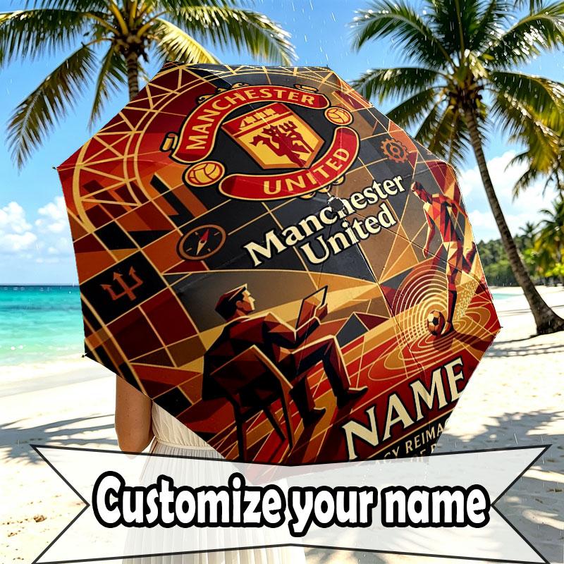 Custom Name Personalized Manchester United Print Umbrella, Auto Open Close, 8‑Rib Sturdy Frame, Commute Camping Hiking Use, Birthday Gift