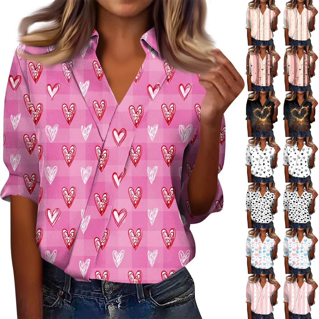 Camisa Feminina Manga 3/4 Decote V Estampada Roupa de Trabalho Casual Regular Colarinho